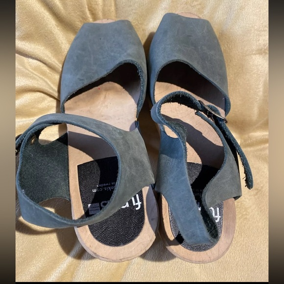 Funkis Swedish Forms Frida Heel Sandals Sz 37 Green Suede Wood Clog Platform - Picture 4 of 12